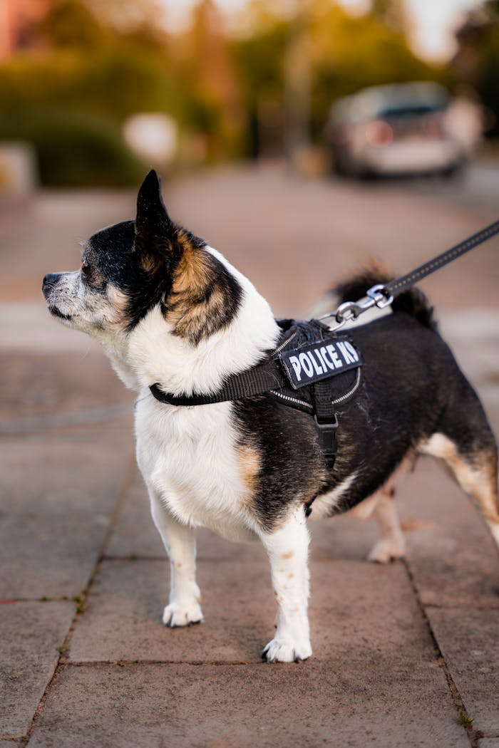 team-01 A chihuahua wearing a police vest on a leash, looking alert in an outdoor setting.