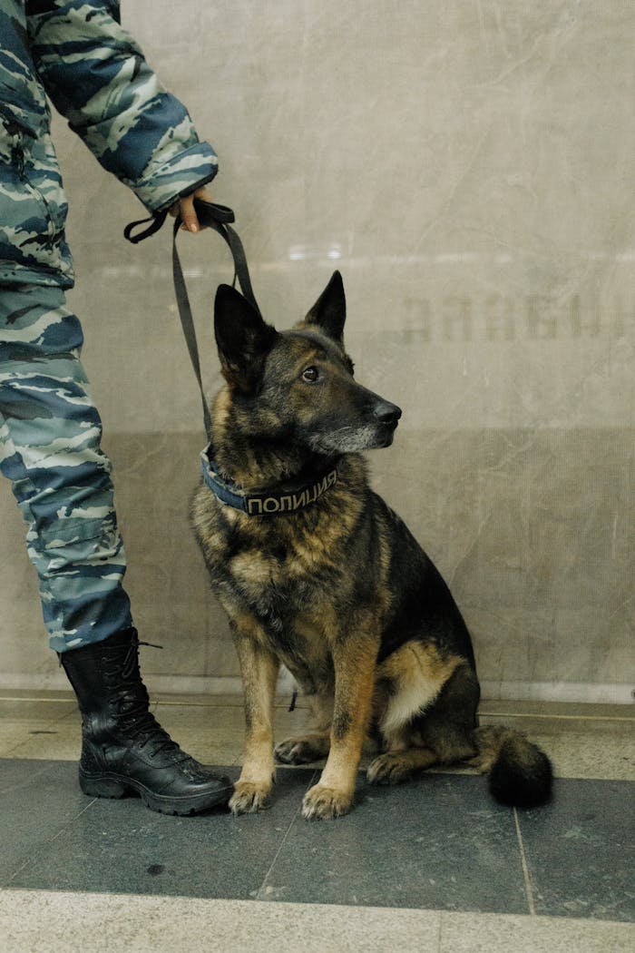 embark Police officer holding a trained German Shepherd dog indoors, highlighting law enforcement vigilance.
